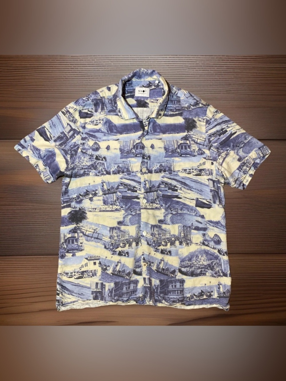 NN07 Shirt Men’s Large Button Up No Nationality Miyagi Short Sleeve Blue/ White
